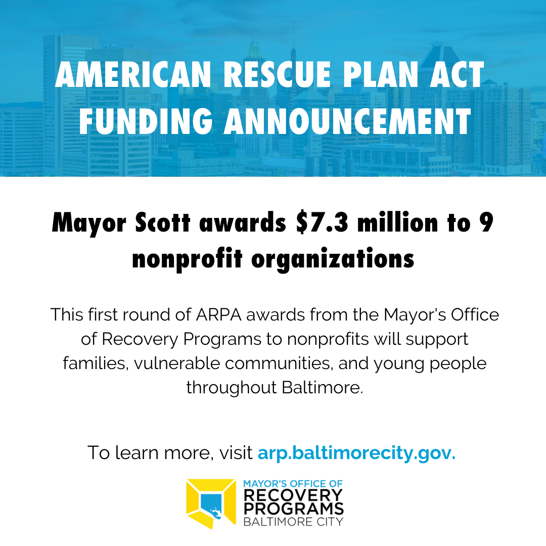 Banner "American Rescue Plan Act Funding Announcement" at top followed by "Mayor Scott awards $7.3 million to 9 nonprofit organizations".